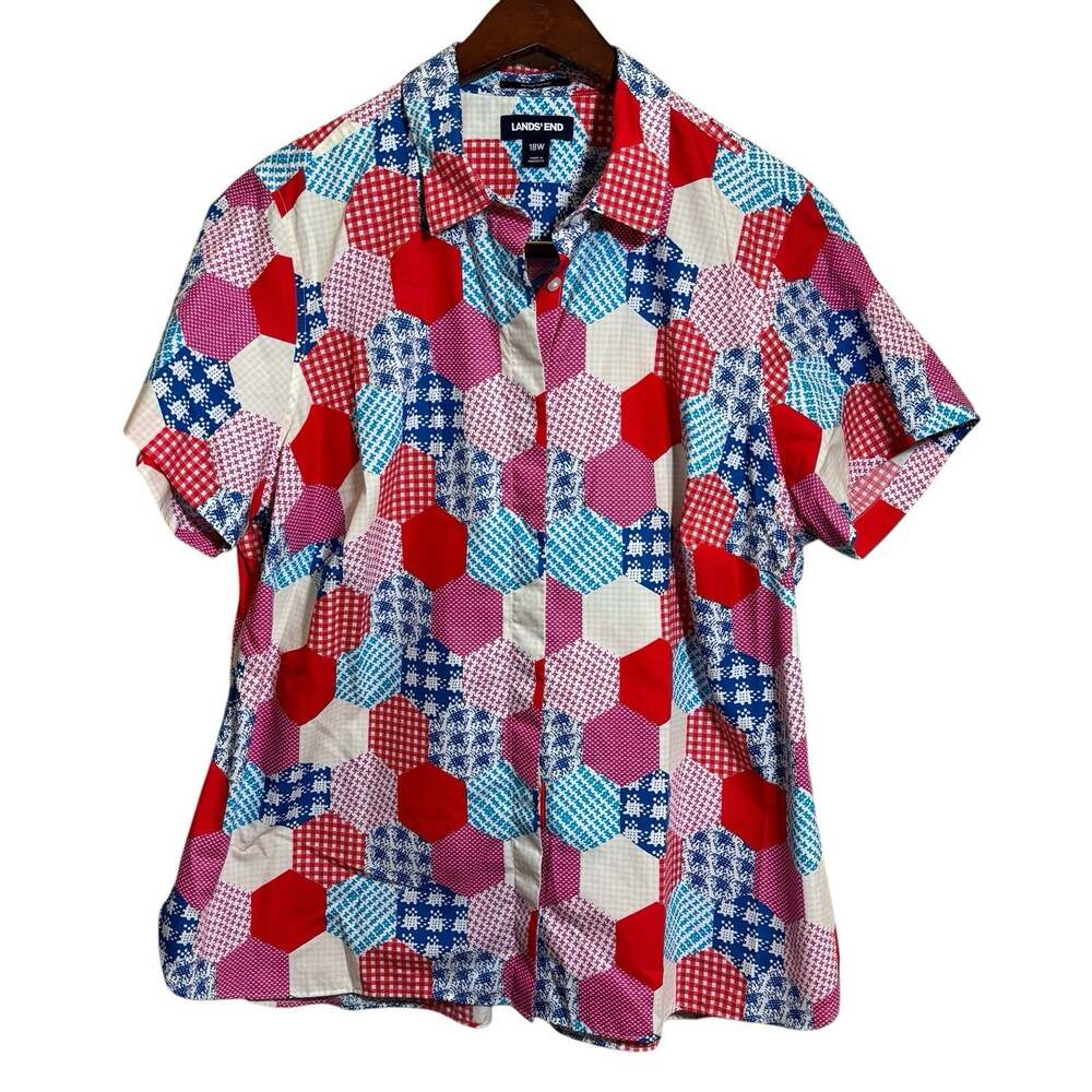 Lands' End 18W Button Up Shirt Patchwork Mixed Quilt Pattern No-Iron Supima